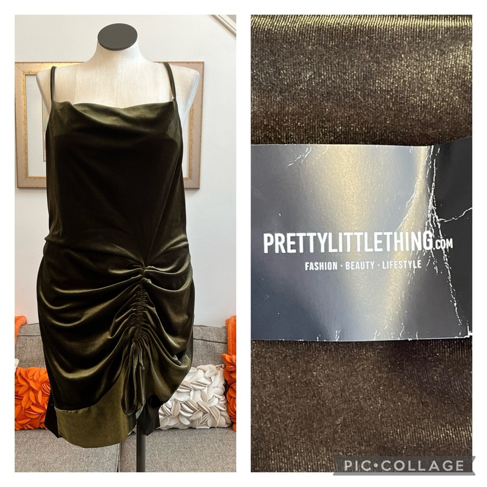 ❣️🆕Prettylittlething Plus Olive Velvet Strappy Ruched Frill Hem Bodycon Dress❣️